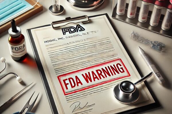 An FDA warning letter stamped in red on a document, with medical tools like a stethoscope and surgical instruments nearby on a desk