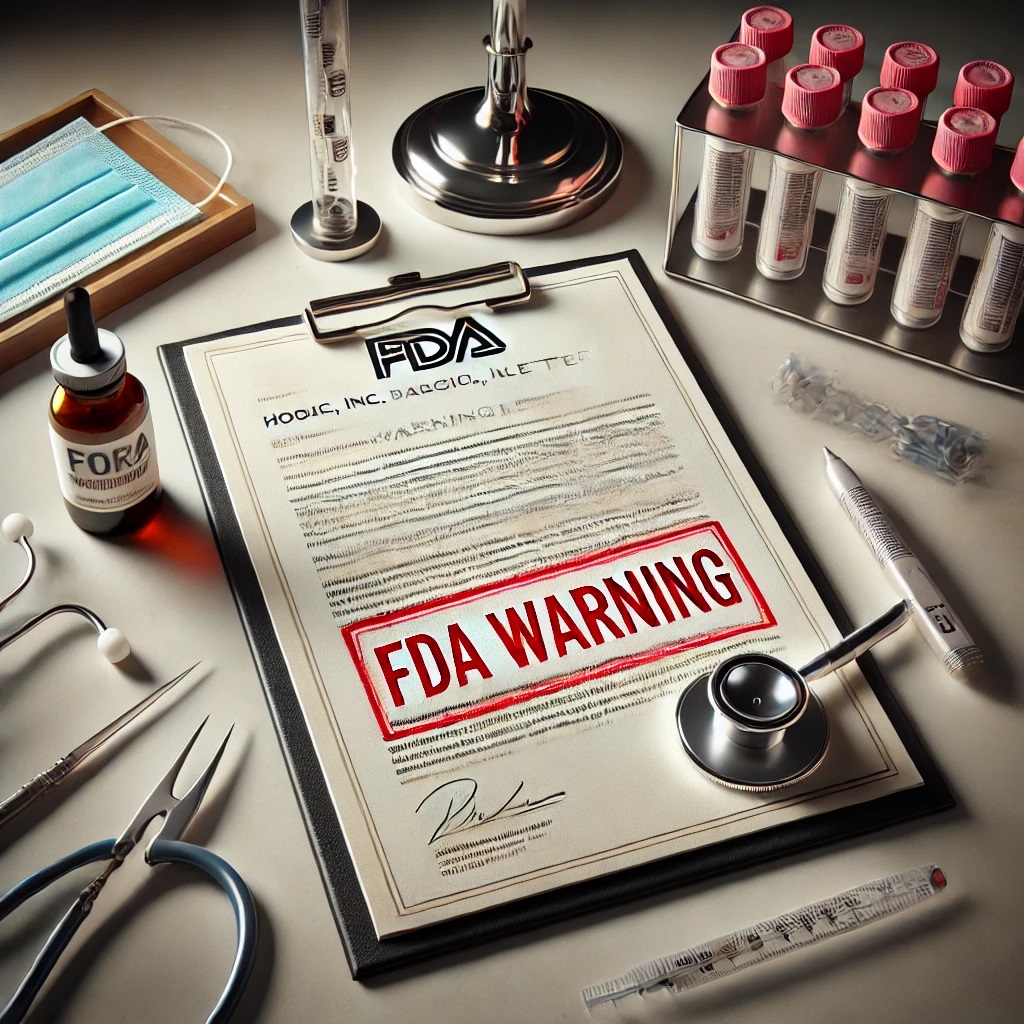 An FDA warning letter stamped in red on a document, with medical tools like a stethoscope and surgical instruments nearby on a desk