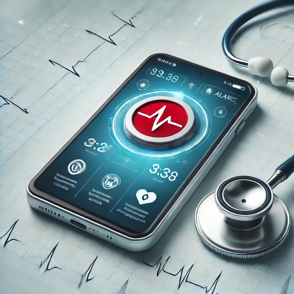 A mobile device displaying a red alert symbol, representing a medical device recall, with subtle medical symbols like a stethoscope and EKG lines in the background.