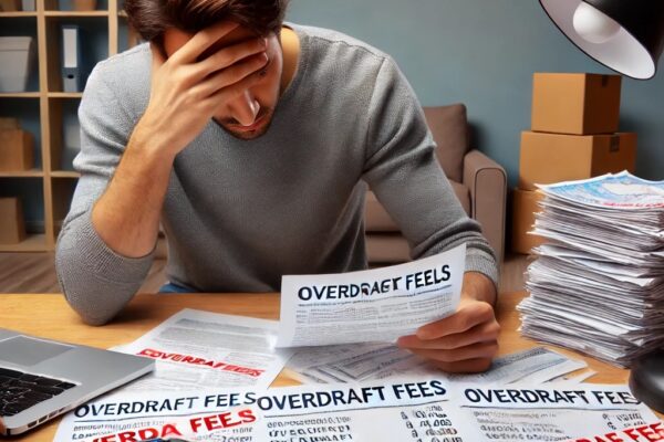 A frustrated customer reviewing bank statements with overdraft fees highlighted, sitting at a table with a laptop and calculator.