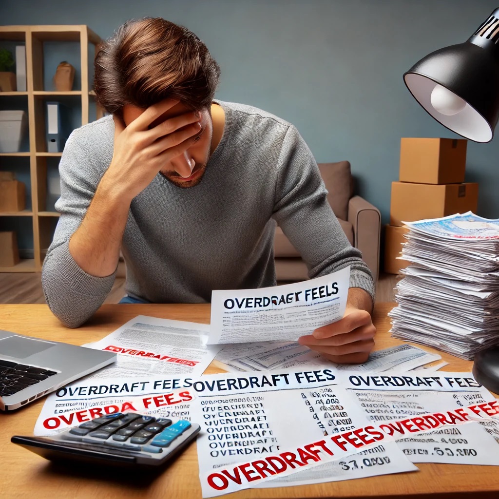 A frustrated customer reviewing bank statements with overdraft fees highlighted, sitting at a table with a laptop and calculator.