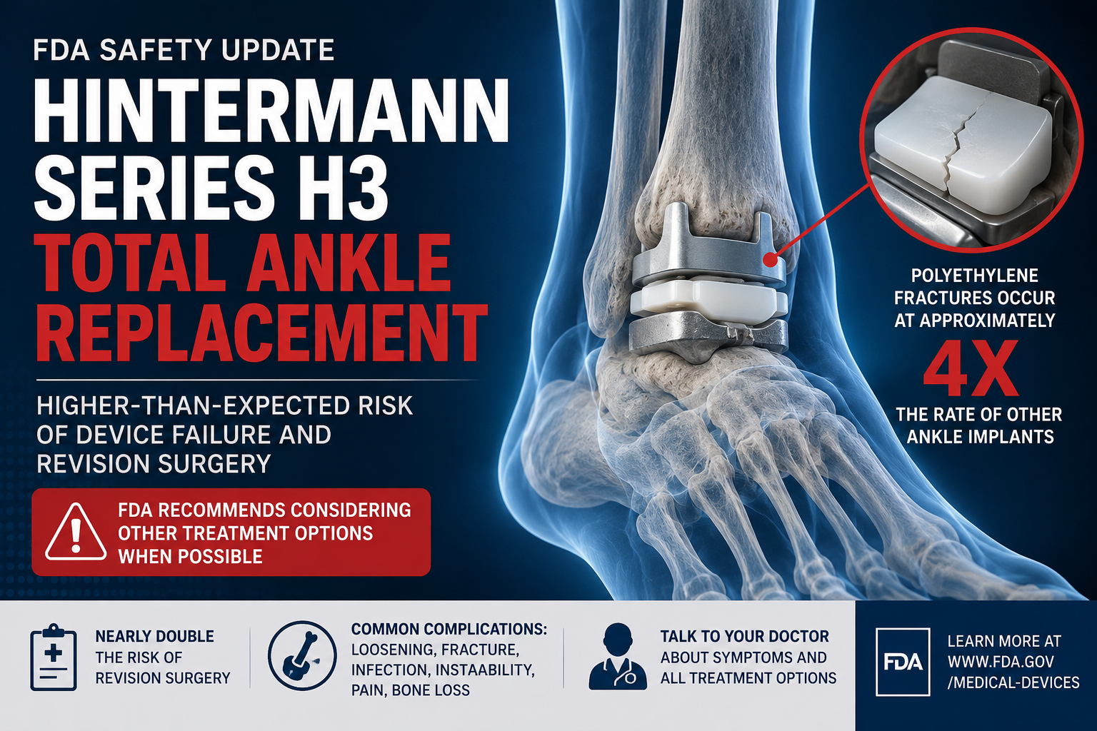 FDA warning about Hintermann H3 ankle replacement failure showing implanted ankle device, polyethylene fracture, and increased revision surgery risk.